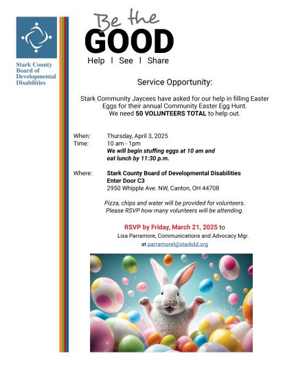 flyer with text about April 3 event and photo of Easter bunny and eggs