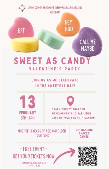 candy hearts pink text with date place time of event QR code to sign up